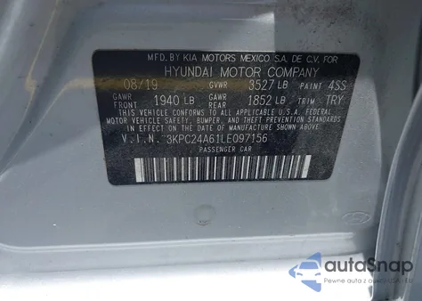 2020 Hyundai Accent Se from USA, damaged, VIN 3KPC24A61LE097156